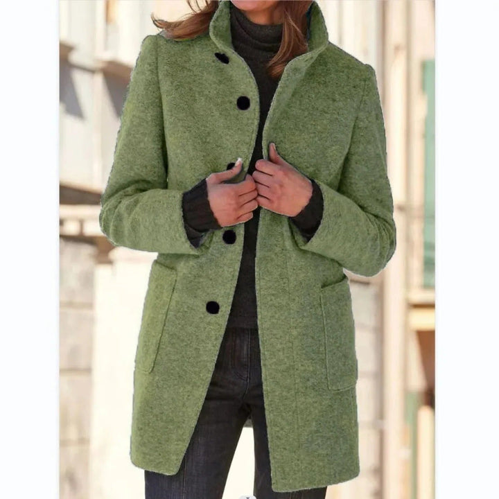 Rosalind stand collar button front midi coat in green, front view