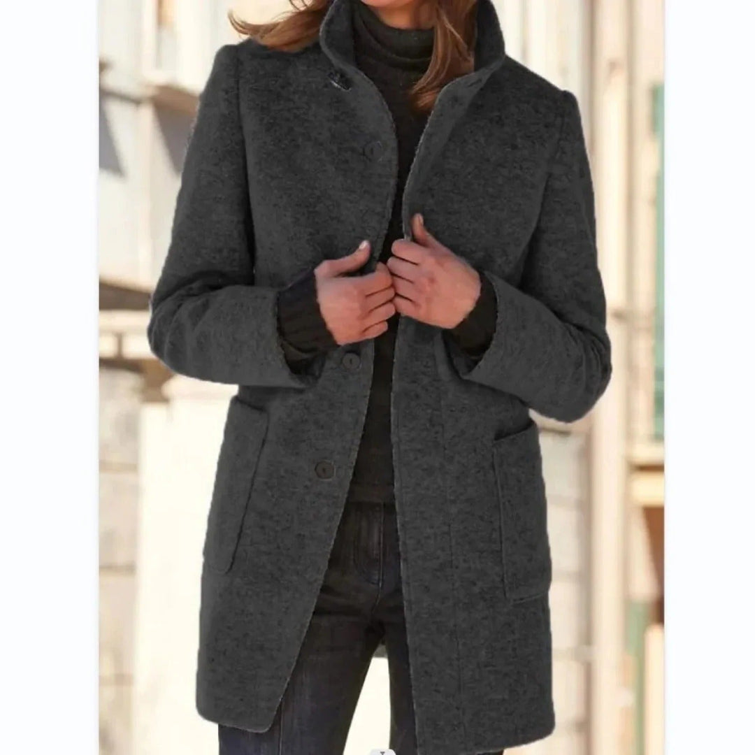 Rosalind stand collar button front midi coat in charcoal gray, front view
