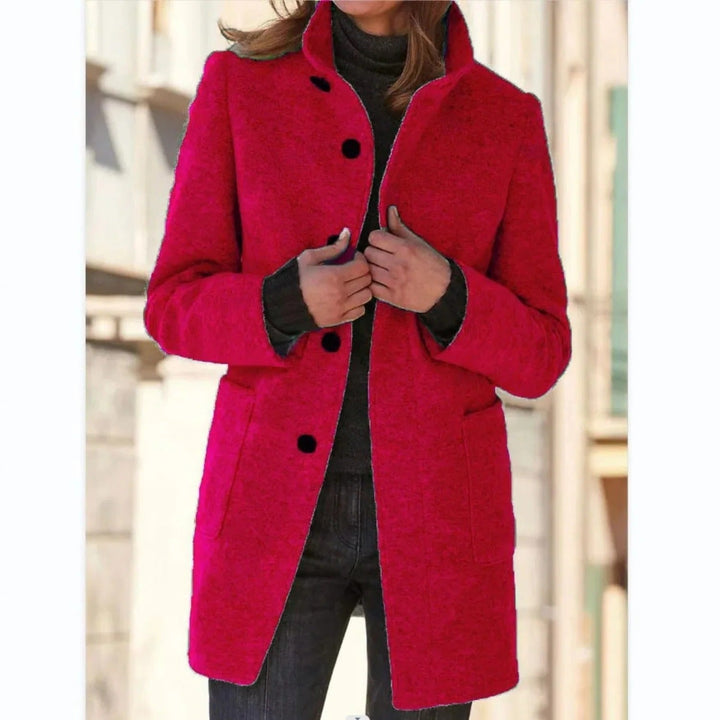 Rosalind stand collar button front midi coat in pink-red, front view
