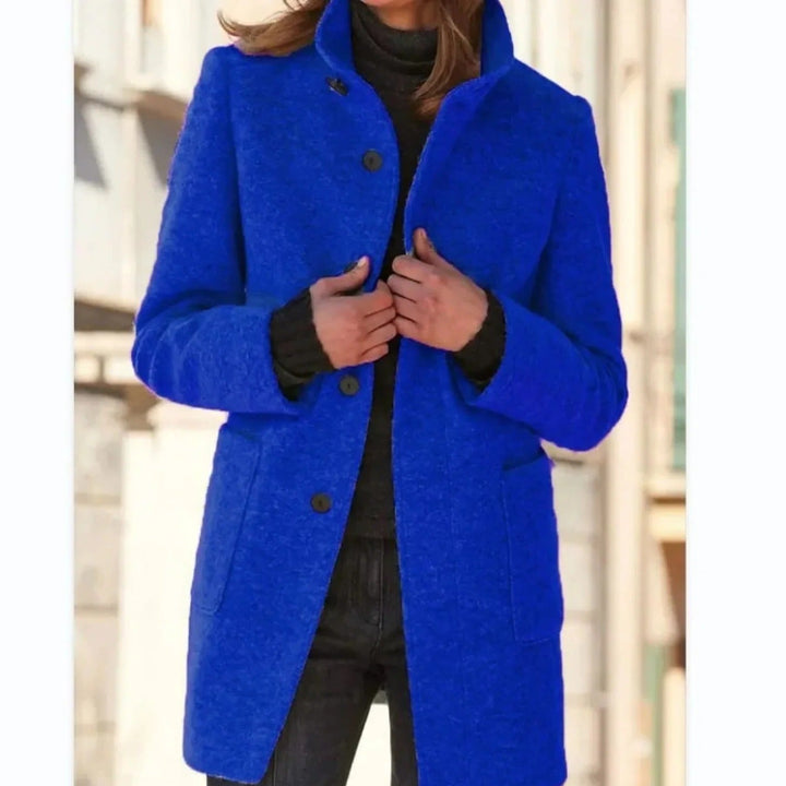 Rosalind stand collar button front midi coat in royal blue, front view