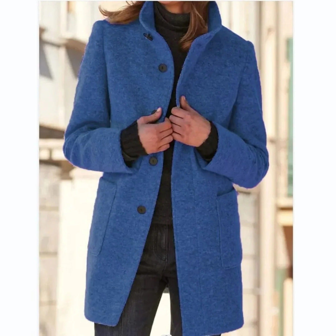 Rosalind stand collar button front midi coat in blue, front view