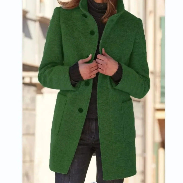 Rosalind stand collar button front midi coat in green, front view