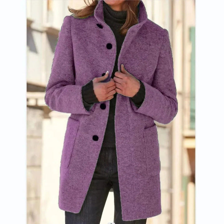 Rosalind stand collar button front midi coat in purple, front view