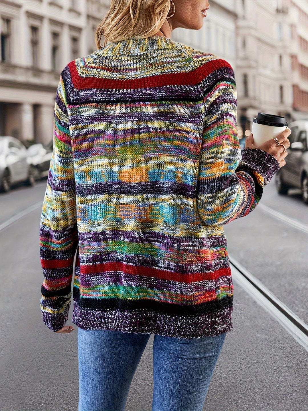 Rosalind striped cardigan in purple colorway, close-up front detail