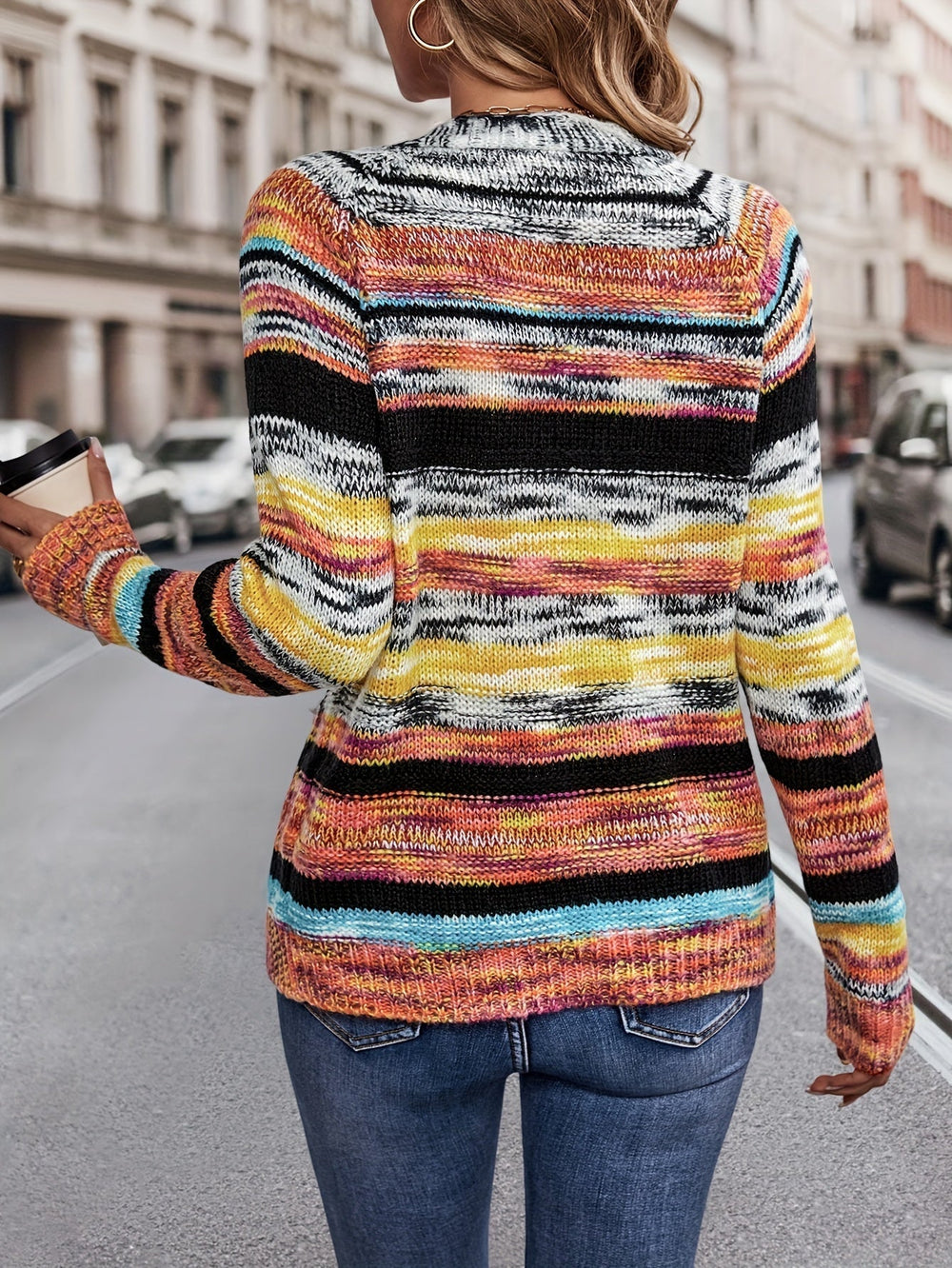 Rosalind striped knit cardigan, back view showing multicolor pattern