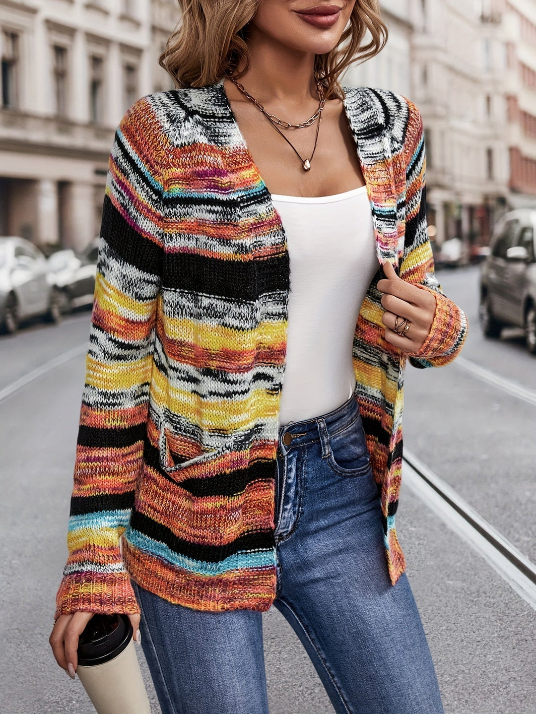 Rosalind striped cardigan, close-up detail of open front and sleeves