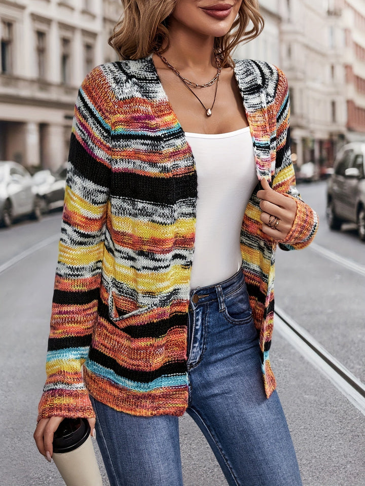Rosalind striped cardigan, close-up detail of open front and sleeves