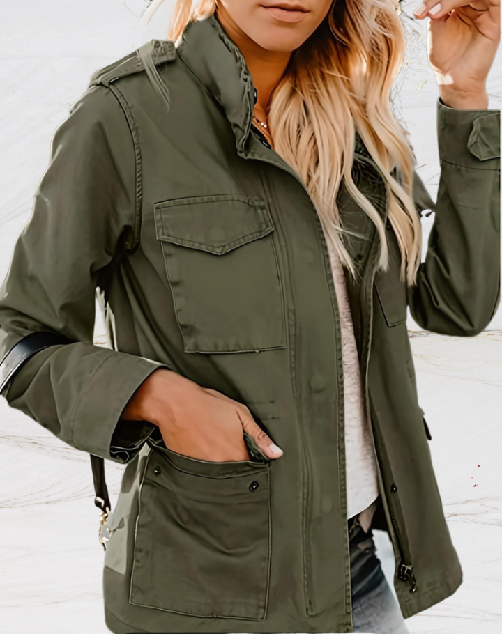 Rosalind structured utility jacket in green, front pocket detail close-up