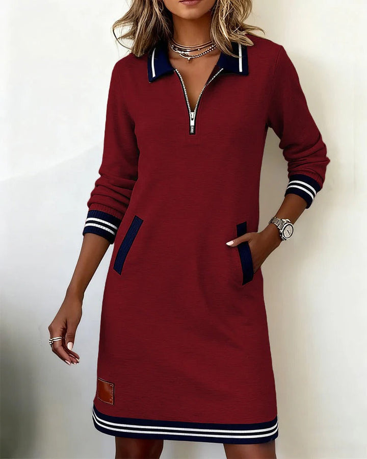 Rosalind burgundy zip collar long sleeve midi dress, styled view
