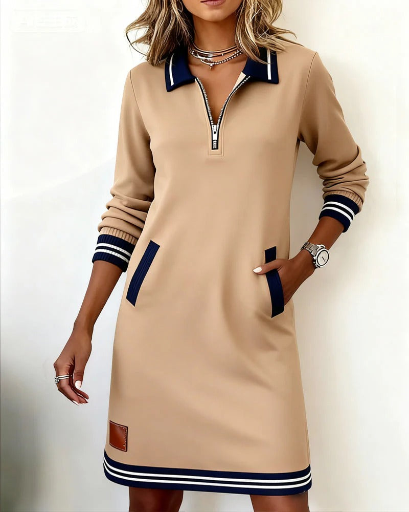 Rosalind camel zip collar midi dress, hand in pocket detail