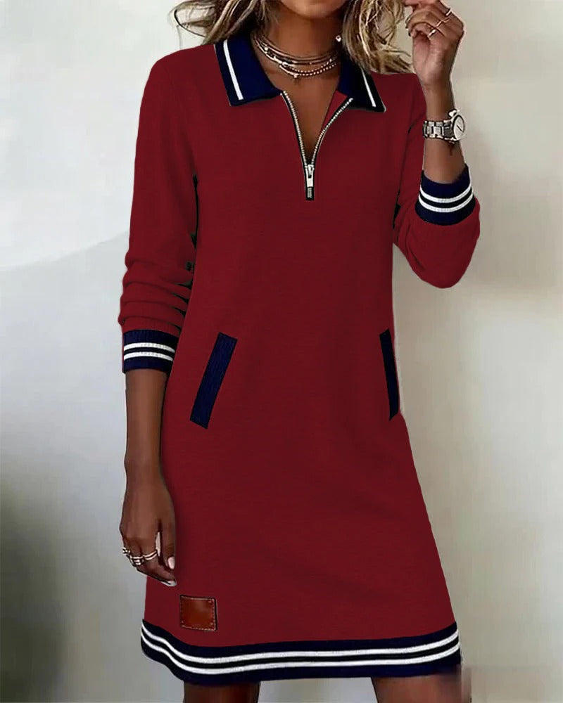 Rosalind burgundy zip collar midi dress, front view