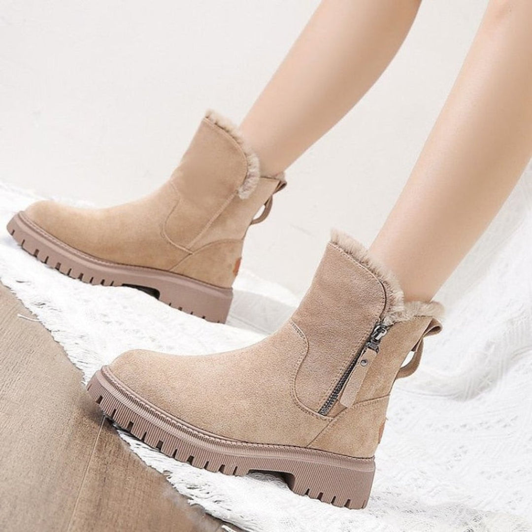 Rosalyn fur-lined ankle boots worn on model, close-up side view