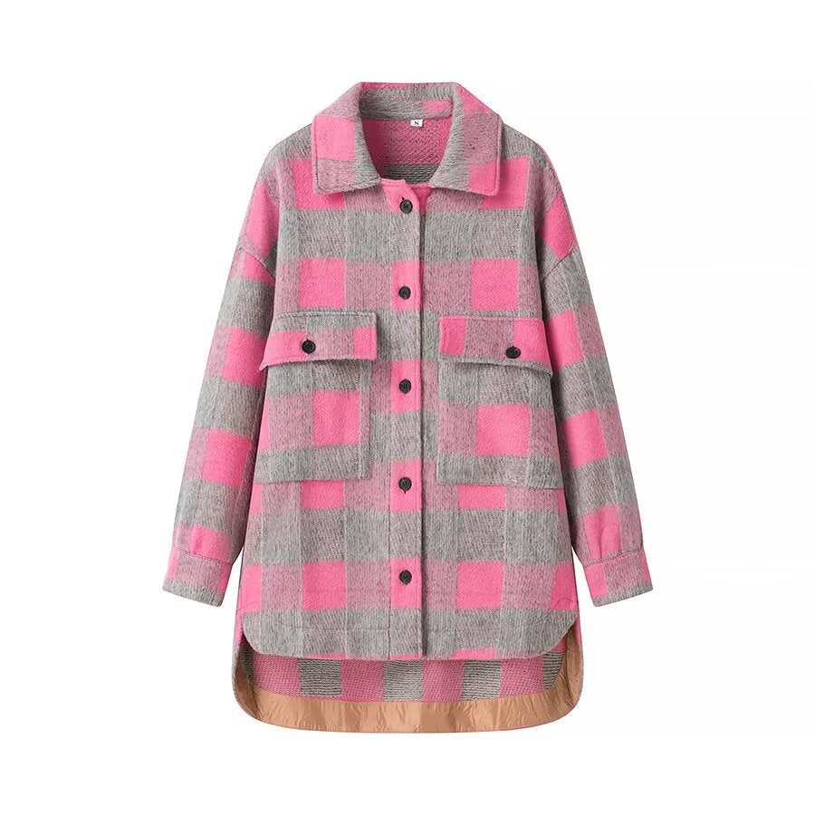 Rosalyn oversized plaid shacket in pink, front view with flap pockets