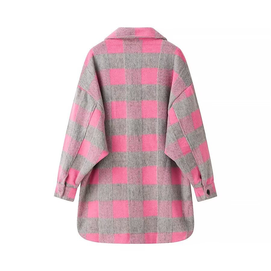 Rosalyn oversized plaid shacket in pink, back view showing curved hem
