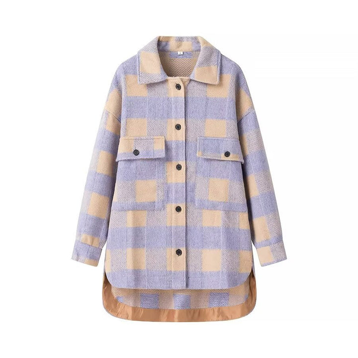 Rosalyn oversized plaid shacket in lavender, front view with button placket