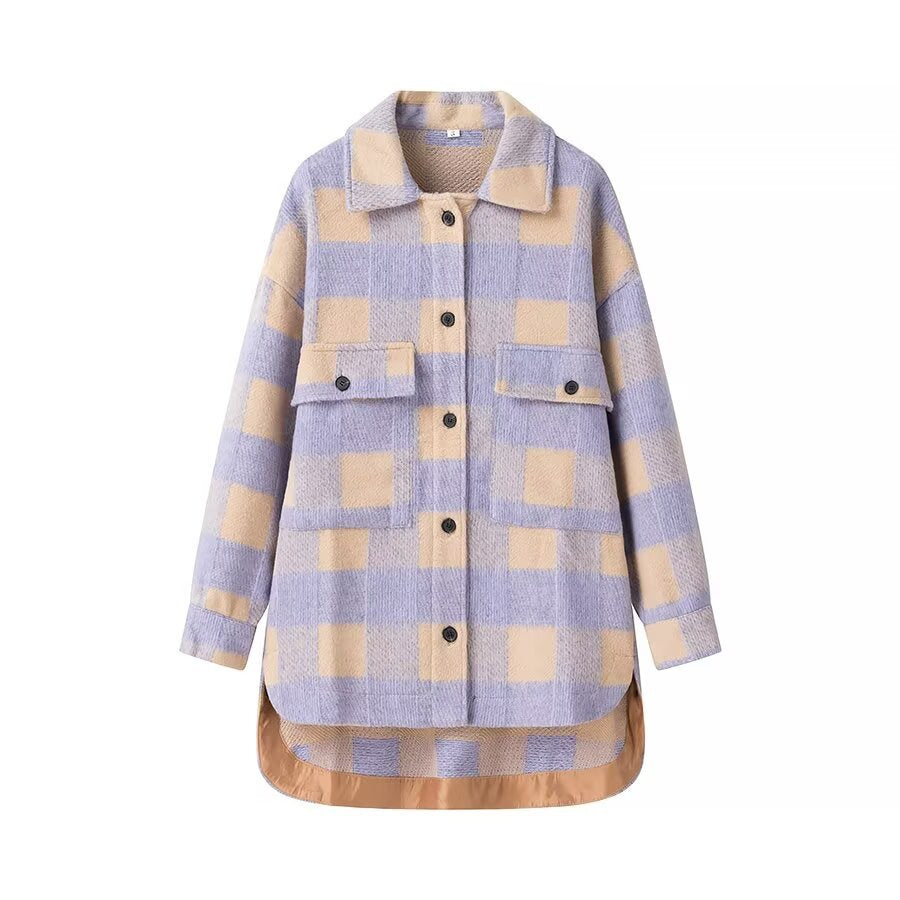 Rosalyn oversized plaid shacket in lavender, front view with button placket