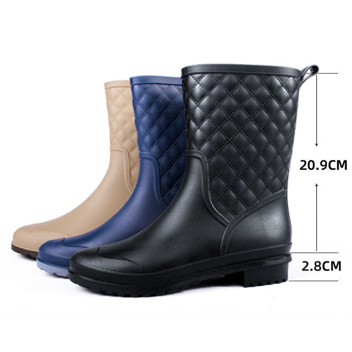 Rosamund quilted rain boots shown in black, navy, and tan color options with height measurements