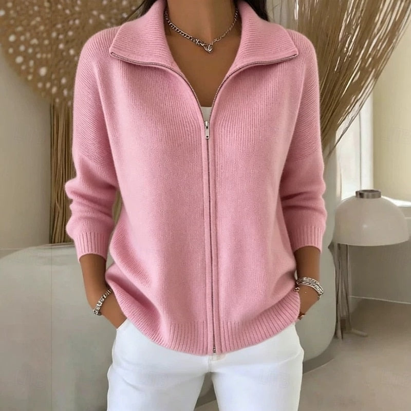 Rosamund pink stand collar zip cardigan, front view