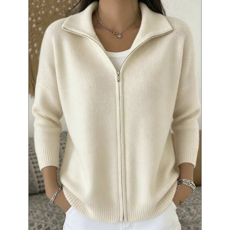 Rosamund cream stand collar zip cardigan, front view