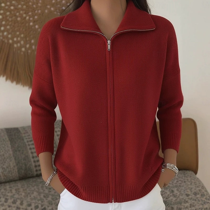 Rosamund red stand collar zip cardigan, front view