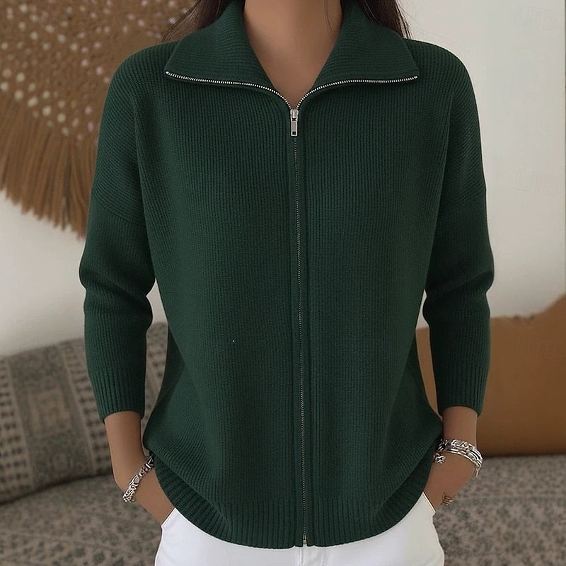Rosamund green stand collar zip cardigan, front view
