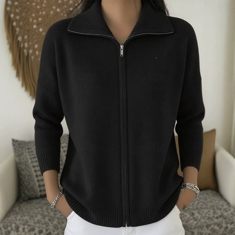 Rosamund green stand collar zip cardigan, front view