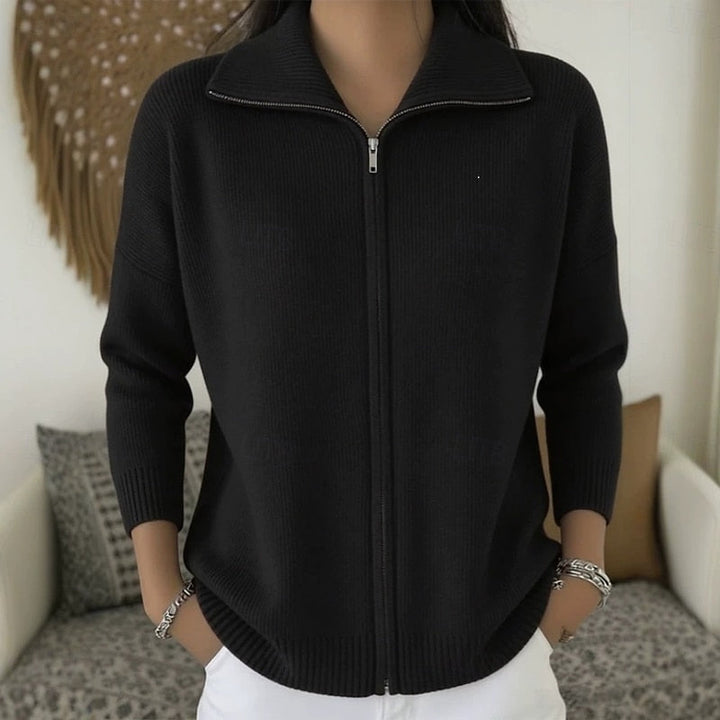 Rosamund green stand collar zip cardigan, front view