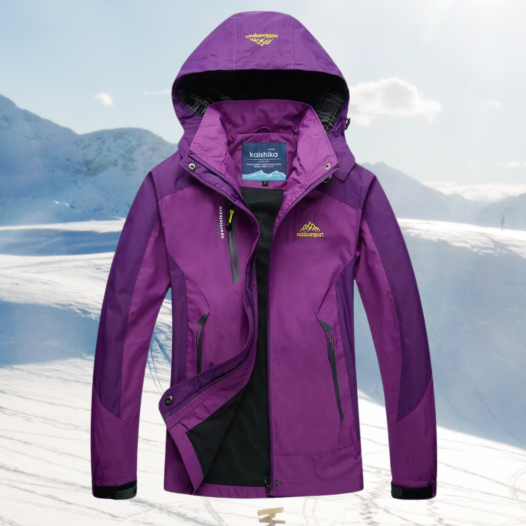 Sabina hooded waterproof hiking jacket in purple, front view