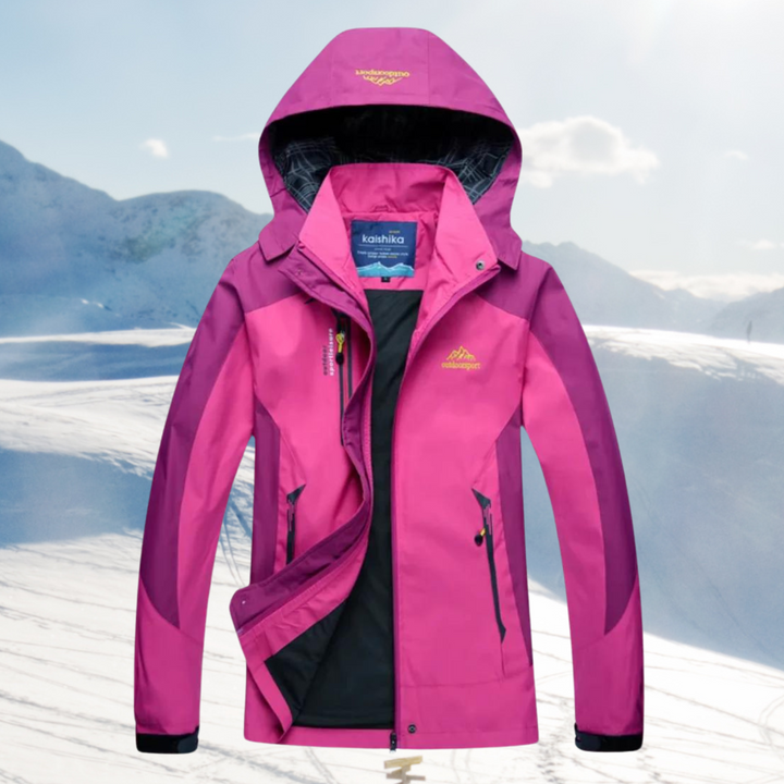 Sabina hooded waterproof hiking jacket in pink, front view