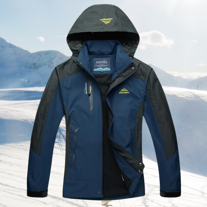 Sabina hooded waterproof hiking jacket in navy blue, front view