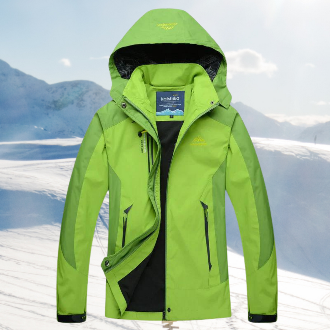 Sabina hooded waterproof hiking jacket in green, front view