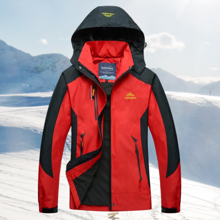 Sabina hooded waterproof hiking jacket in red, front view