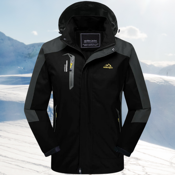 Sabina hooded waterproof hiking jacket in black, front view