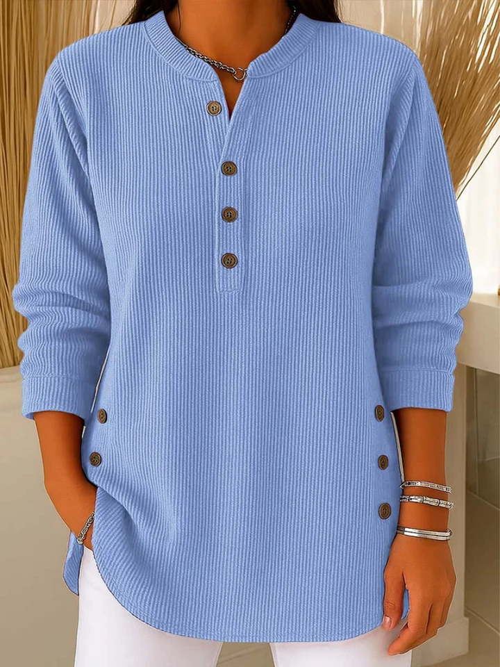 Sabine ribbed button front tunic in blue, front view