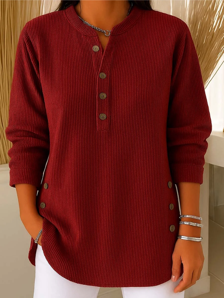 Sabine ribbed button front tunic in red, front view