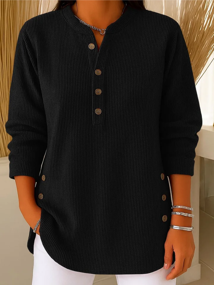 Sabine ribbed button front tunic in black, front view
