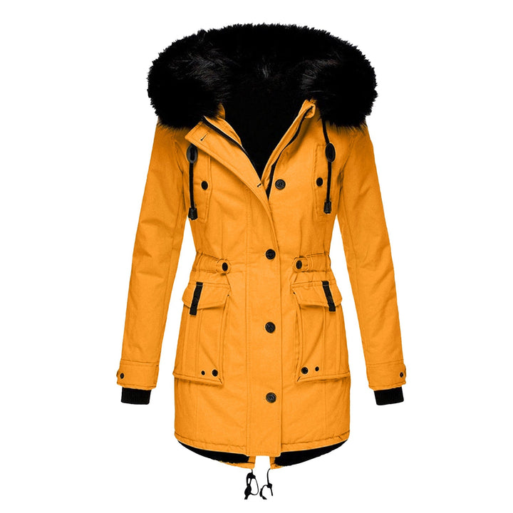 Sabine faux fur hood belted parka in yellow, front view