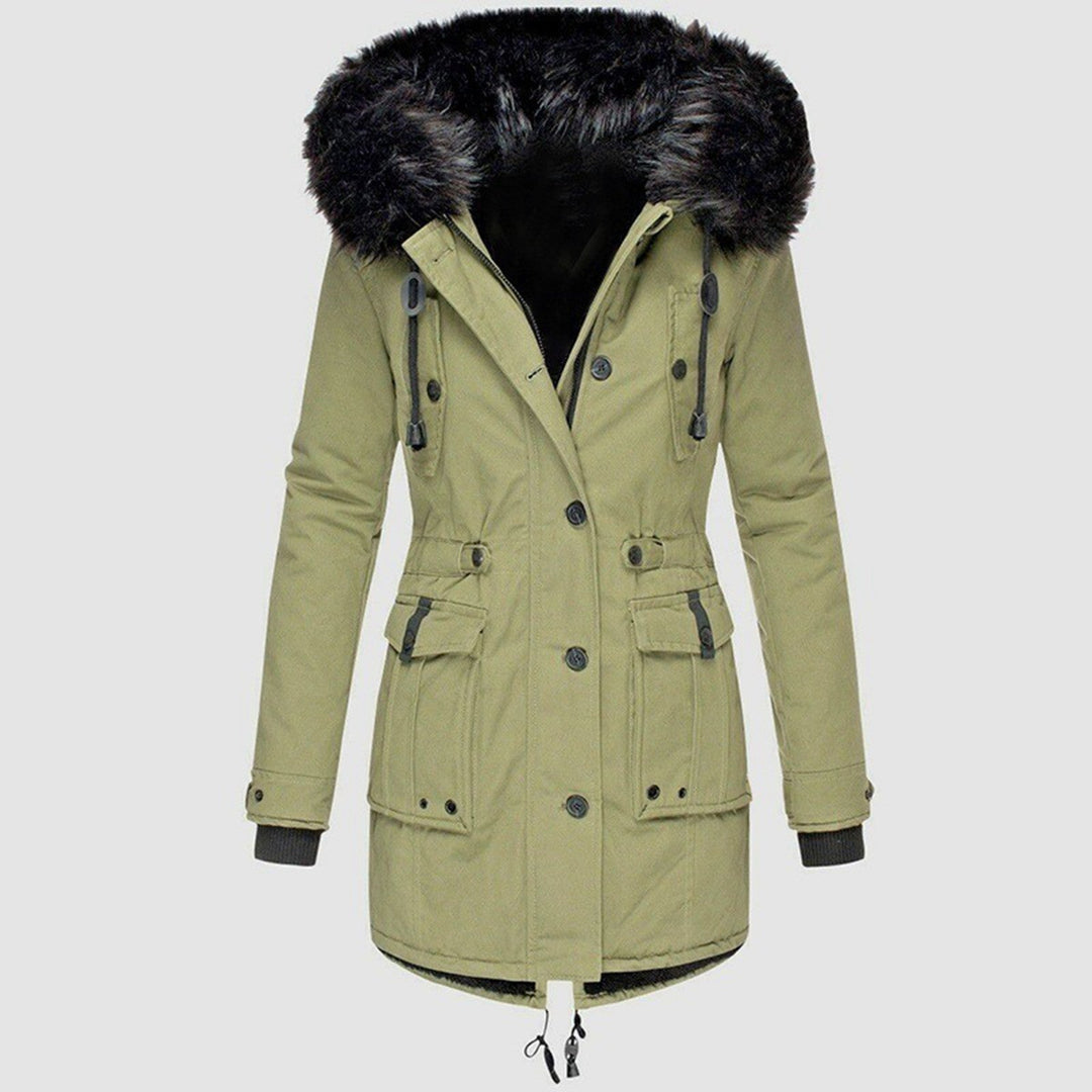 Sabine faux fur hood belted parka in olive green, front view
