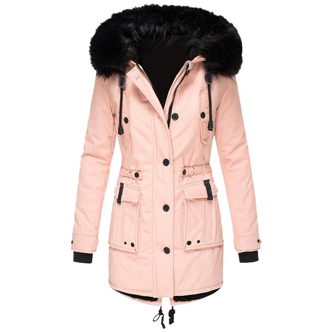 Sabine faux fur hood belted parka in pink, front view