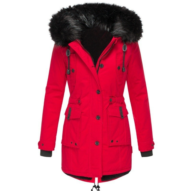 Sabine faux fur hood belted parka in red, front view