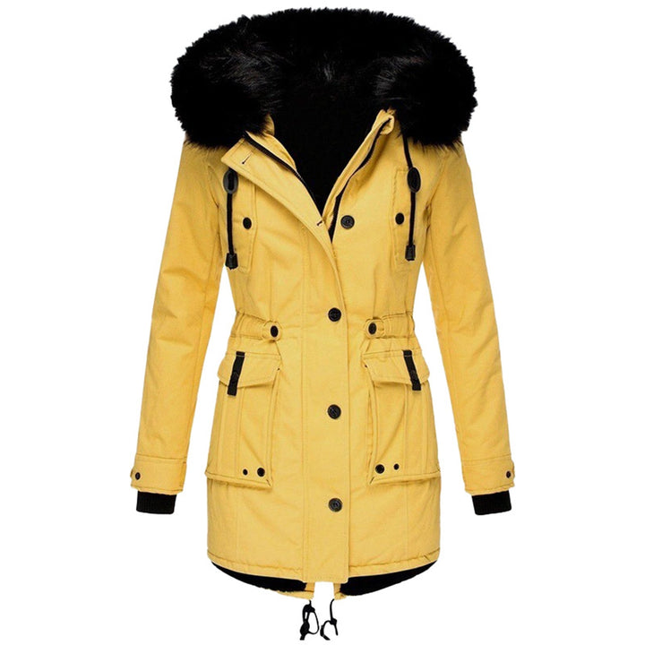 Sabine faux fur hood belted parka in yellow, front view