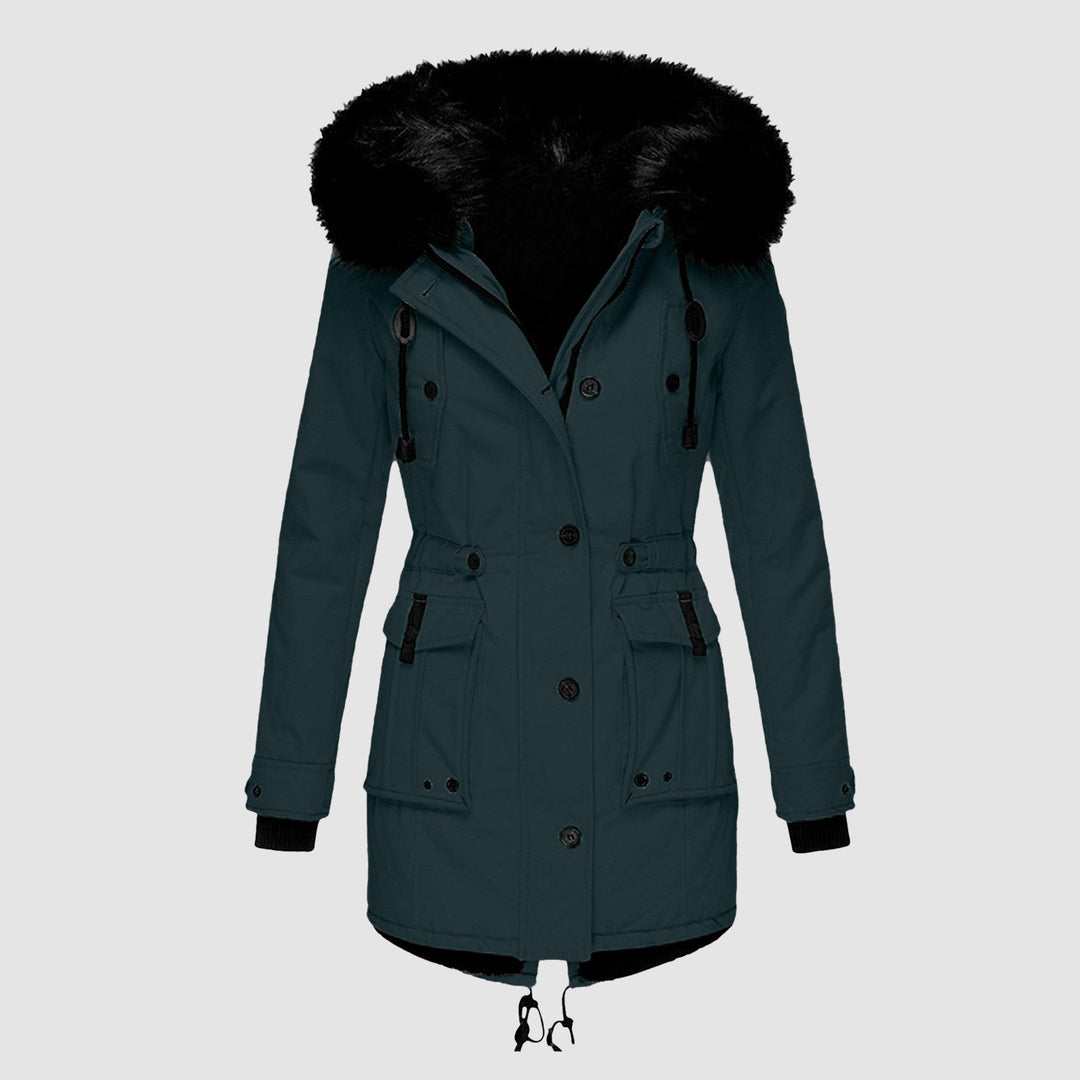 Sabine faux fur hood belted parka in dark teal, front view