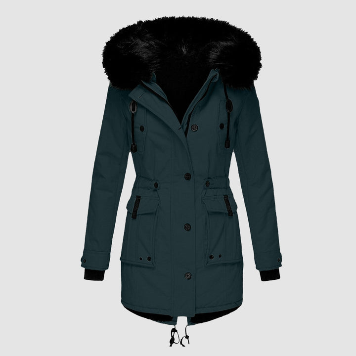 Sabine faux fur hood belted parka in dark teal, front view