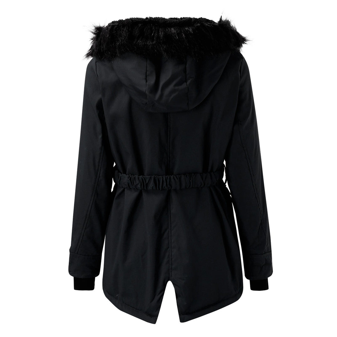 Sabine faux fur hood belted parka in black, back view