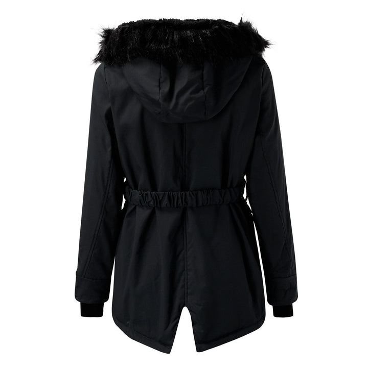 Sabine faux fur hood belted parka in black, back view
