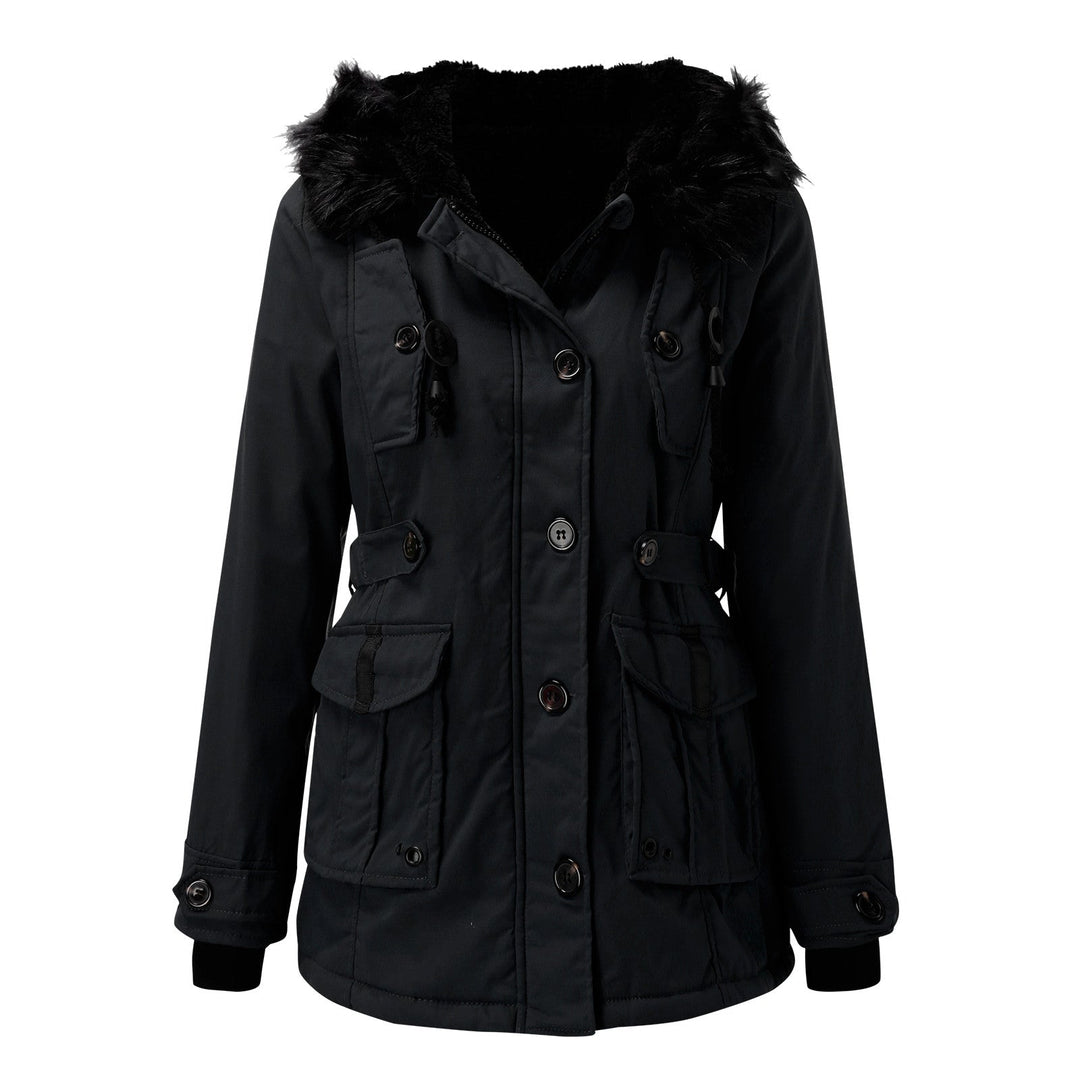 Sabine faux fur hood belted parka in black, front view