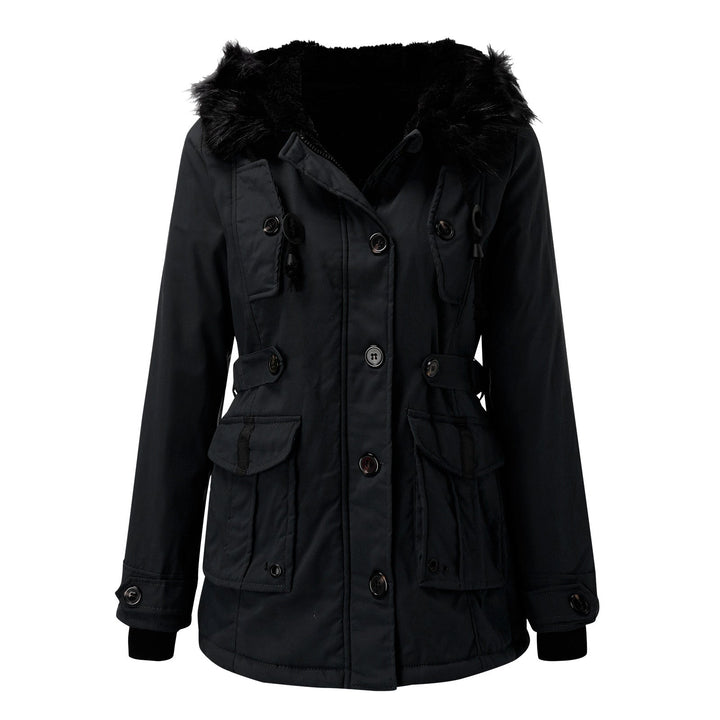 Sabine faux fur hood belted parka in black, front view