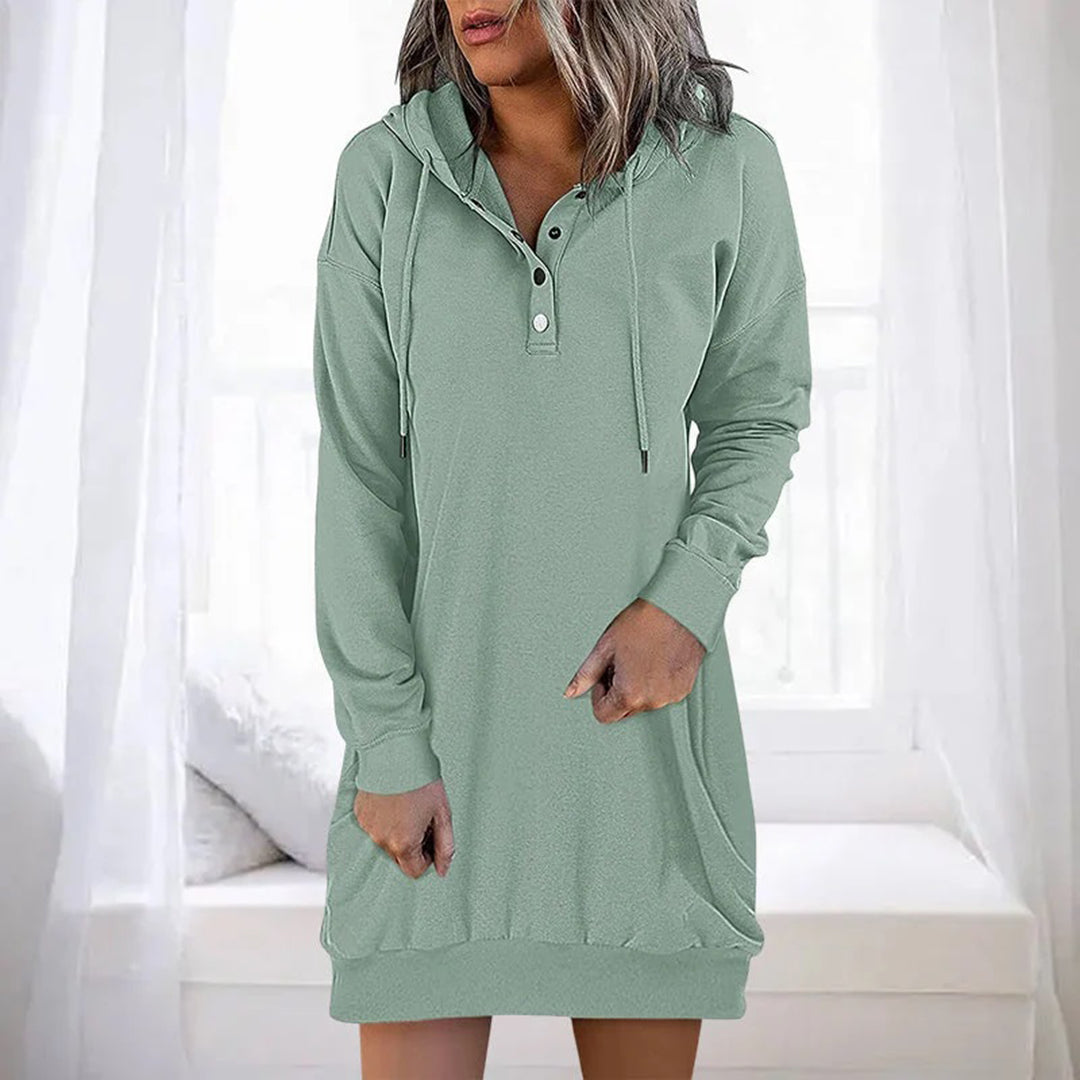 Sabine hooded sweater winter dress in sage green, front view