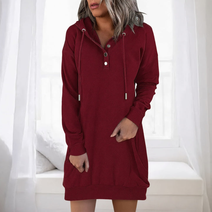 Sabine hooded sweater winter dress in burgundy, front view