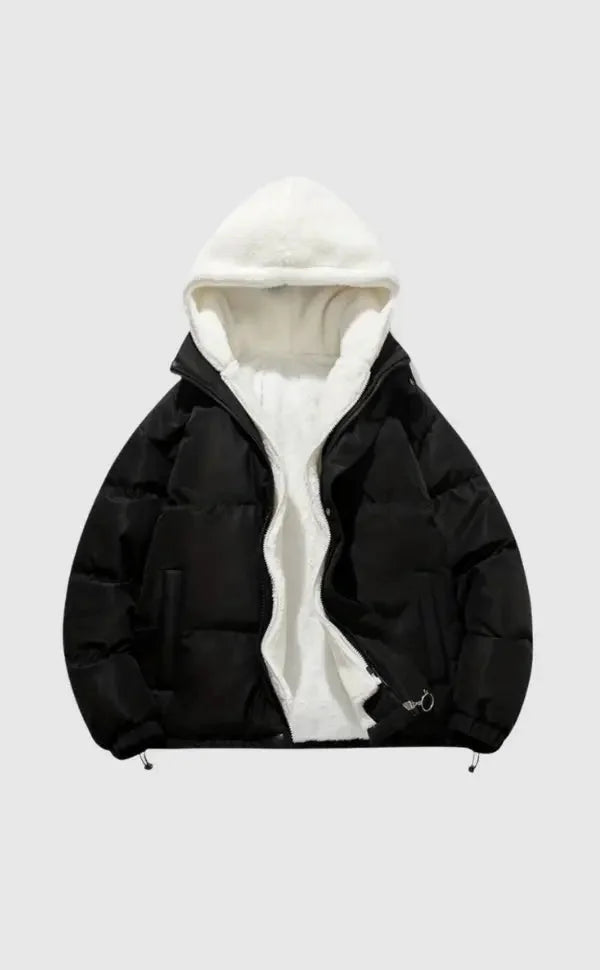 Sabine hooded puffer jacket in black, front view open with fleece lining visible
